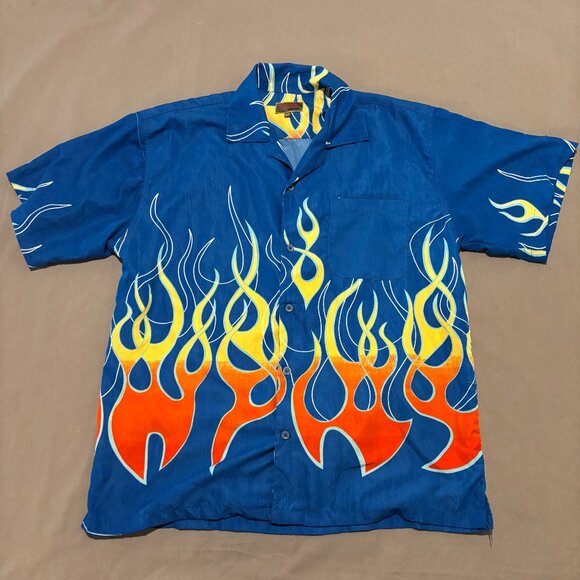 Flame Shirts Large Blue Button Up Short Sleeve Collared Lightweight Party Casual - Picture 1 of 5